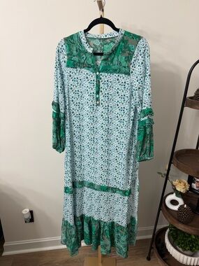 Green Floral Maxi Dress with Contrast Panels